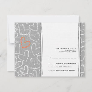 Grey and Orange Grunge Hearts Wedding RSVP Card
