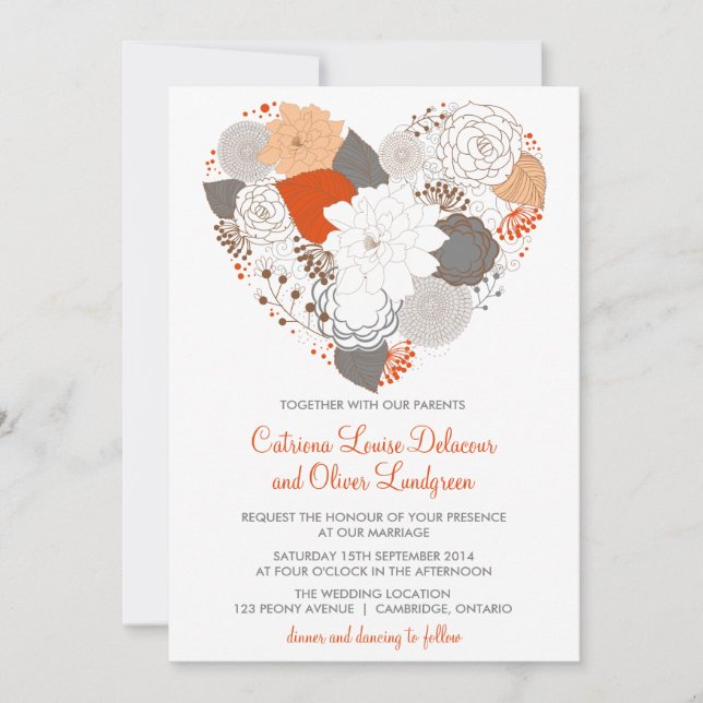 Grey and Orange Heart Flowers Wedding Invitation (Front)