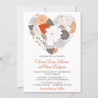 Grey and Orange Heart Flowers Wedding Invitation