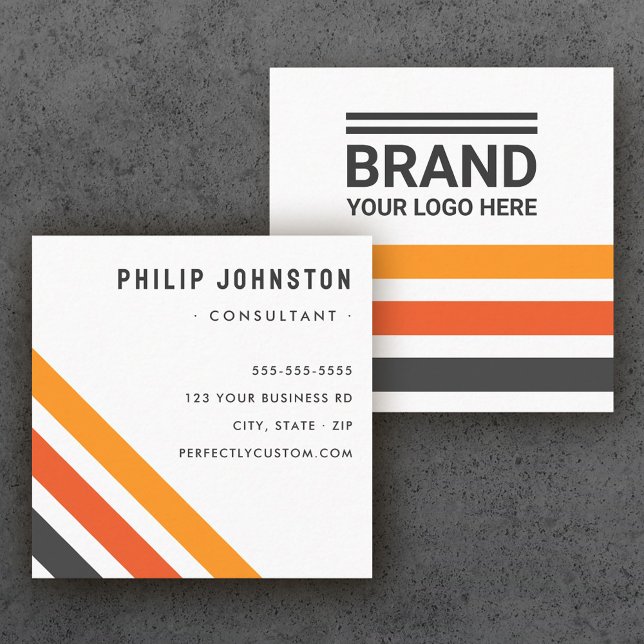 Grey and orange retro stripes add logo white square business card (Creator Uploaded)