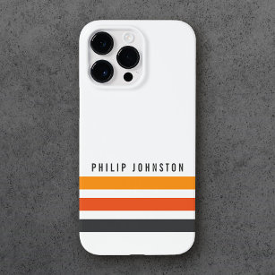 Grey and orange retro stripes custom name white Case-Mate iPhone 14 pro max case