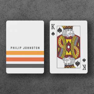 Grey and orange retro stripes custom name white playing cards