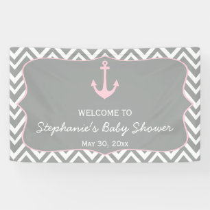 Grey and Pastel Pink Chevron Nautical Baby Shower Banner