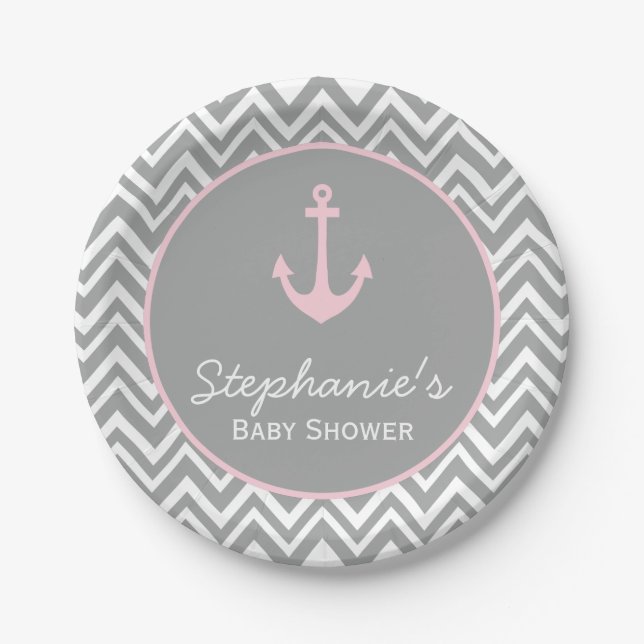 Grey and Pastel Pink Chevron Nautical Baby Shower Paper Plate (Front)