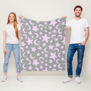 Grey and Pastel Purple Stars and Moons Fleece Blanket