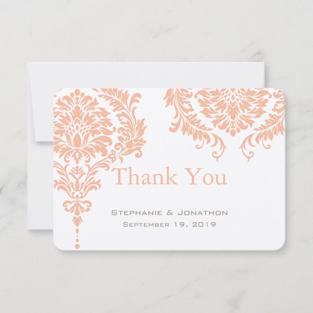 Grey and Peach Coral Damask Wedding Thank You (Front)