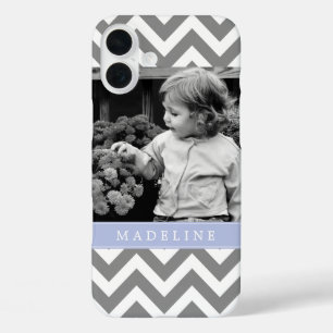 Grey and Periwinkle Zigzags Personalised Photo iPhone 16 Plus Case