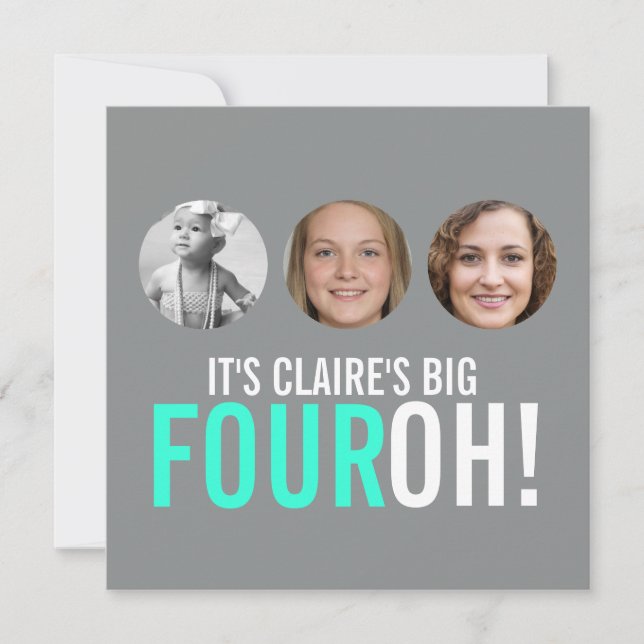 Grey and pink 40th FOUROH! photo birthday invite (Front)