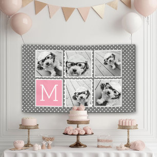 Grey and Pink 5 Photo Collage Monogram Banner