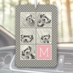 Grey and Pink 5 Photo Collage with Monogram Car Air Freshener