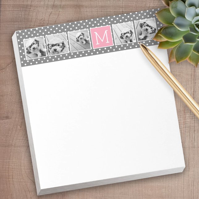 Grey and Pink 5 Photo Collage with Monogram Notepad (Personalized notepad - great for a gift or your home office)