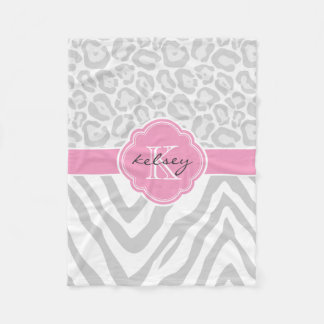 Grey and Pink Animal Print Custom Monogram Fleece Blanket