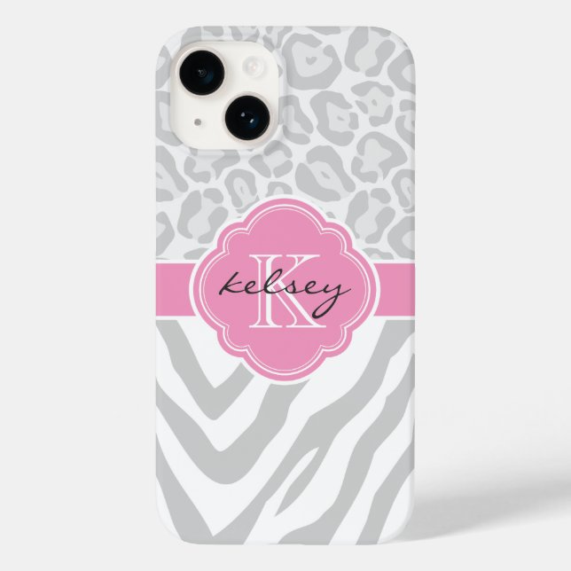 Grey and Pink Animal Print Monogram Case-Mate iPhone Case (Back)