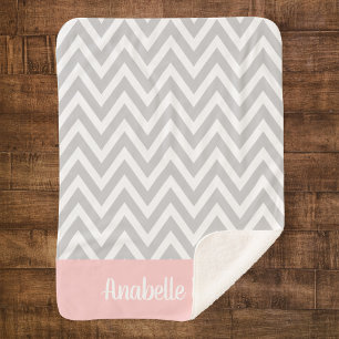 Grey and Pink Chevron Baby Name Monogrammed Sherpa Blanket