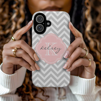 Grey and Pink Chevron Custom Monogram iPhone 16 Case