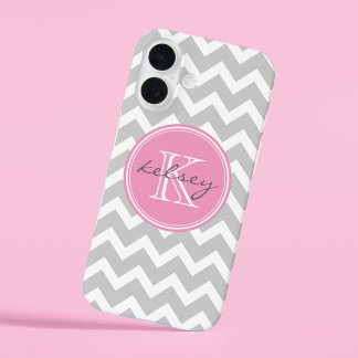Grey and Pink Chevron Custom Monogram iPhone 16 Case
