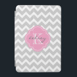Grey and Pink Chevron Custom Monogram iPad Mini Cover<br><div class="desc">Cute trendy chic iPad case features a preppy zigzag chevron pattern personalised with your monogram name and initial in a girly quatrefoil frame. Click Customise It to change text fonts and colours to create your own unique one of a kind design.</div>