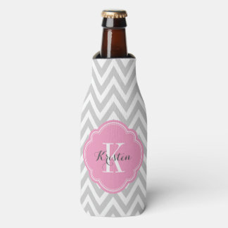 Grey and Pink Chevron Monogram Bottle Cooler