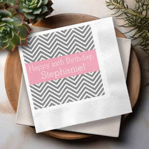 Grey and Pink Chevrons - Custom Printed Birthday Napkin