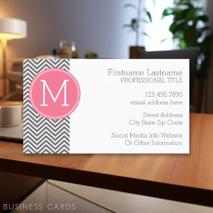 Grey and Pink Chevrons with Custom Monogram Business Card