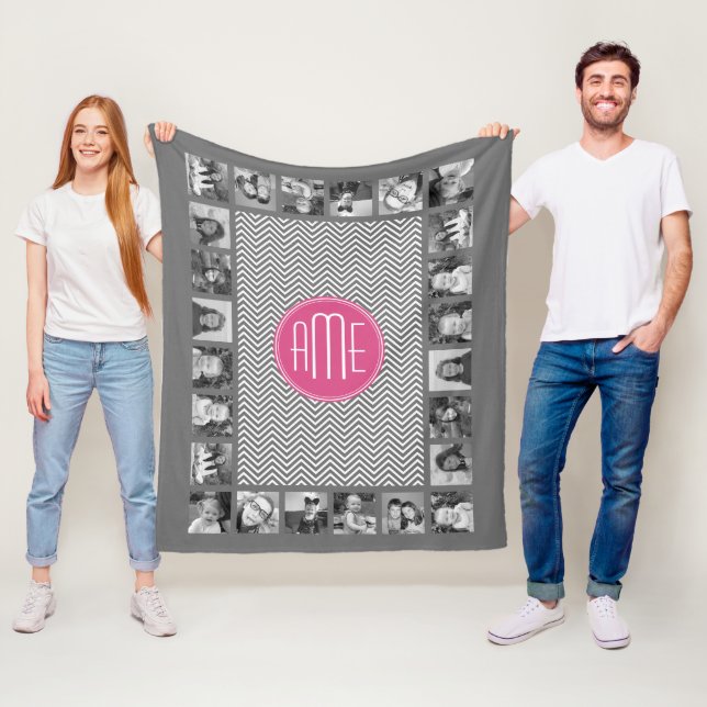 Grey and Pink Chevrons with Custom Monogram Fleece Blanket (In Situ)