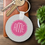 Grey and Pink Chevrons with Custom Monogram Key Ring<br><div class="desc">A bold art deco design in fresh,  cheerful colours. If you need to adjust the monograms,  click on the customise it button and make changes.</div>