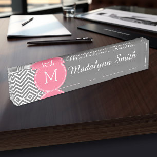 Grey and Pink Chevrons with Custom Monogram Nameplate