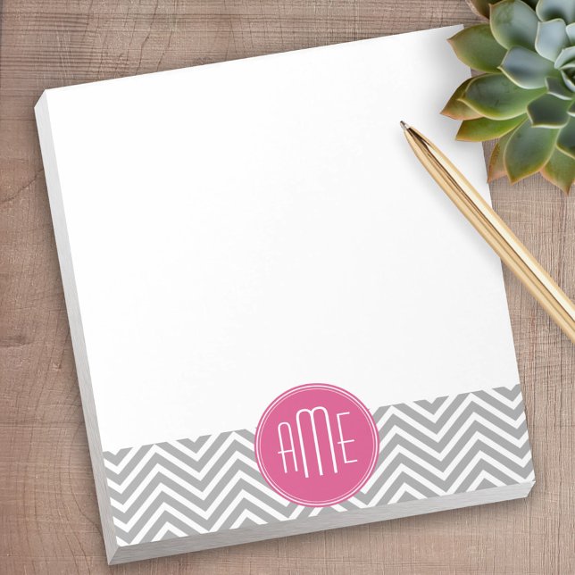 Grey and Pink Chevrons with Custom Monogram Notepad (Personalized notepad - great for a gift or your home office)