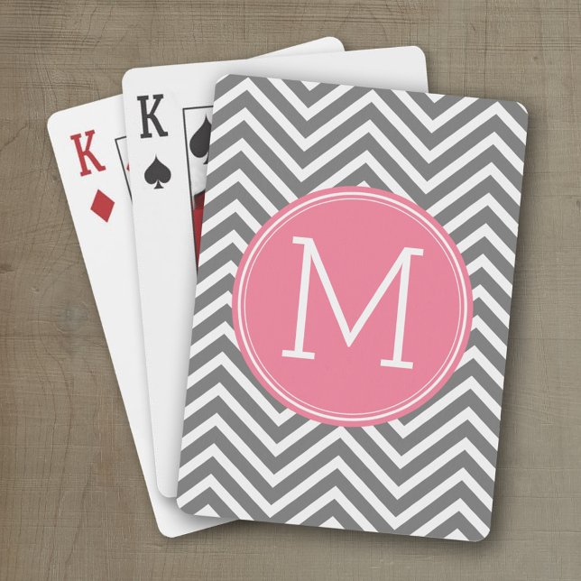 Grey and Pink Chevrons with Custom Monogram Playing Cards (Personalized playing cards with an area for text such as a name or monogram)