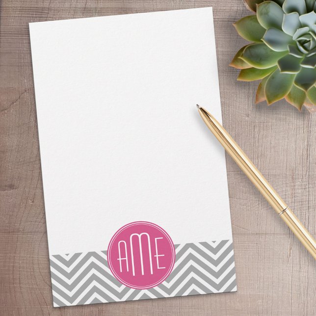 Grey and Pink Chevrons with Custom Monogram Stationery (Personalized Stationery)