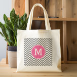 Grey and Pink Chevrons with Custom Triple Monogram Large Tote Bag<br><div class="desc">A bold art deco design in pink and grey colours. If you need to adjust the monograms,  click on the customise it button and make changes.</div>