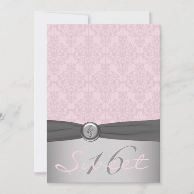 Grey and Pink Damask Ballerina Sweet Sixteen Invitation (Front)