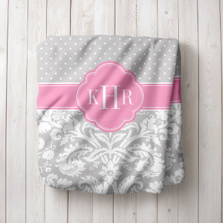Grey and Pink Damask Polka Dots Monogram Fleece Blanket