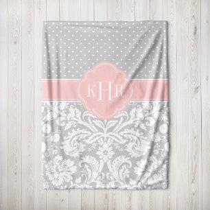 Grey and Pink Damask Polka Dots Monogram Fleece Blanket