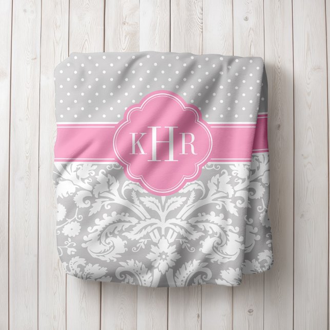 Grey and Pink Damask Polka Dots Monogram Fleece Blanket (Creator Uploaded)