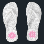 Grey and Pink Floral Damask Monogram Jandals<br><div class="desc">Custom printed flip flop sandals with a stylish elegant floral damask pattern and your custom monogram or other text in a circle frame. Click Customise It to change text fonts and colours or add your own images to create a unique one of a kind design!</div>