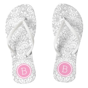 Grey and Pink Floral Damask Monogram Jandals
