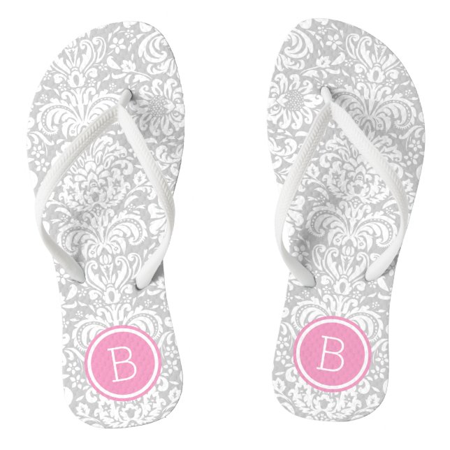 Grey and Pink Floral Damask Monogram Jandals (Footbed)