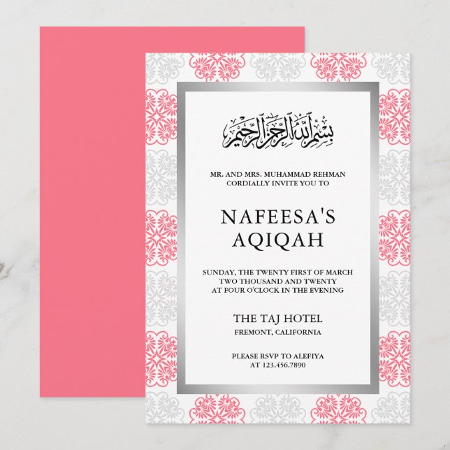 Grey and Pink Floral Damask Muslim Aqiqah Ceremony Invitation (Front/Back)