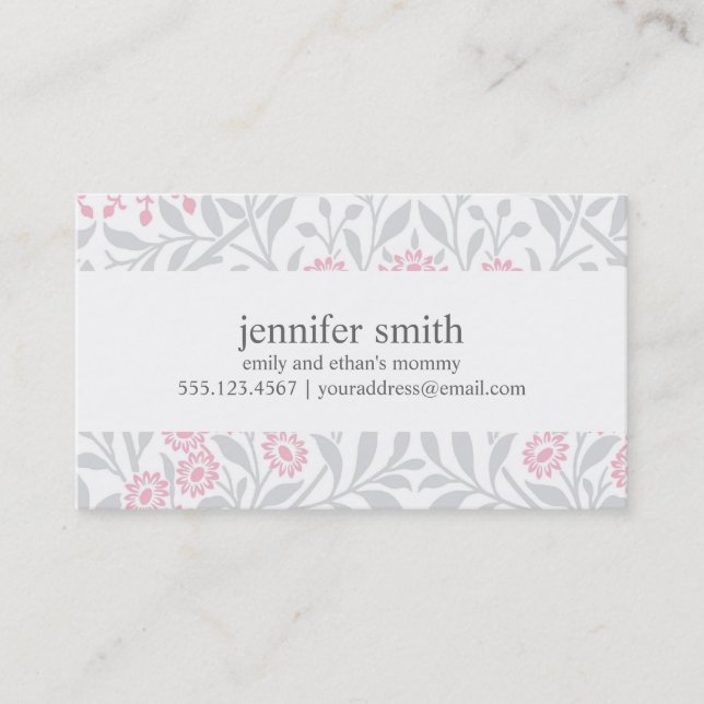 Grey and Pink Floral Damask Pattern Calling Card (Front)