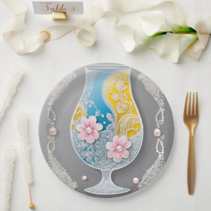 Grey and pink floral glass design AI art  Paper Plate