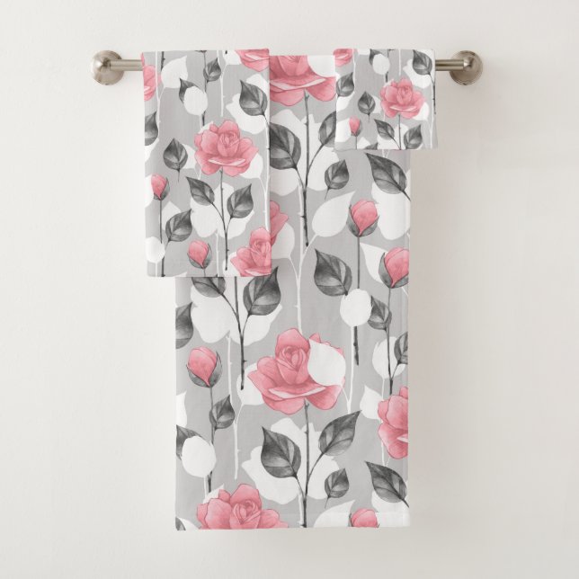 Grey and pink. Floral pattern Bath Towel (Insitu)