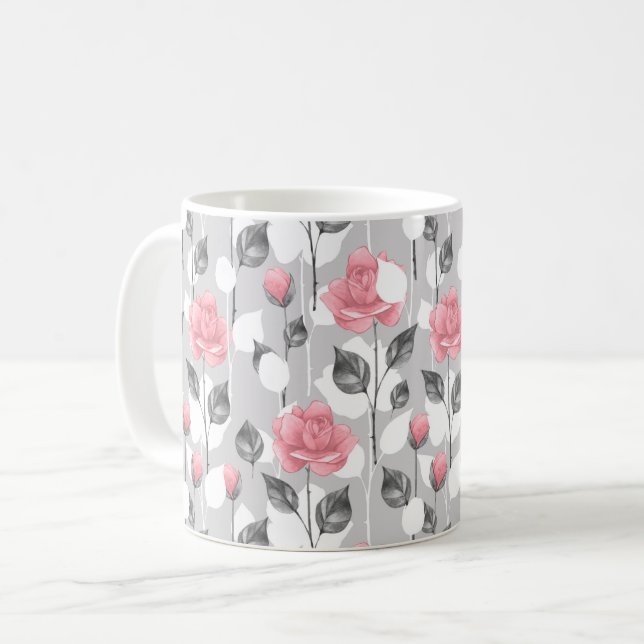 Grey and pink. Floral pattern Coffee Mug (Front Left)