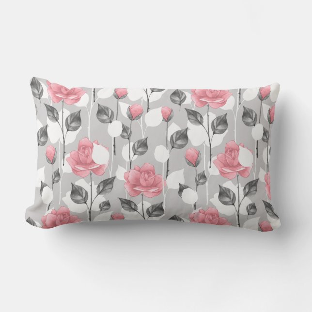 Grey and pink. Floral pattern Lumbar Cushion (Front)