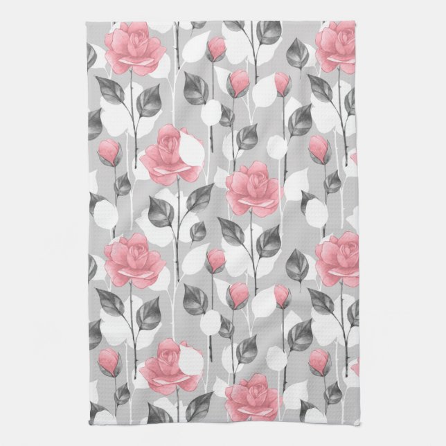 Grey and pink. Floral pattern Tea Towel (Vertical)