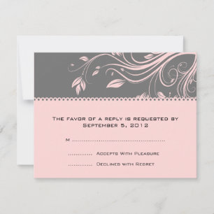 Grey and Pink Floral Swirls Wedding RSVP Card
