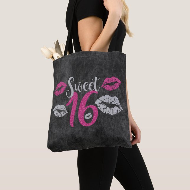 Grey And Pink Glitter Lips Tote Bag (Close Up)