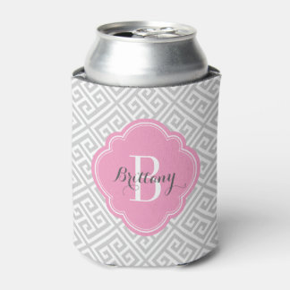 Grey and Pink Greek Key Monogram Can Cooler