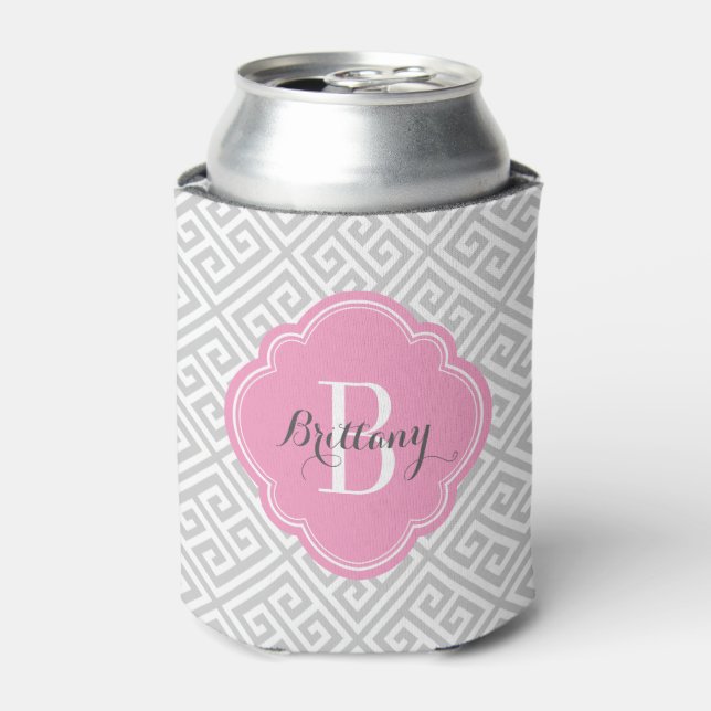 Grey and Pink Greek Key Monogram Can Cooler (Can Front)
