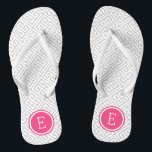 Grey and Pink Greek Key Monogram Jandals<br><div class="desc">Custom printed flip flop sandals with a stylish modern Greek key pattern and your custom monogram or other text in a circle frame. Click Customise It to change text fonts and colours or add your own images to create a unique one of a kind design!</div>